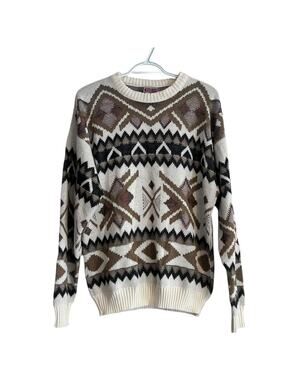 Vintage 90s Aztec Geometric Knit Sweater Cream Grandpa Core M